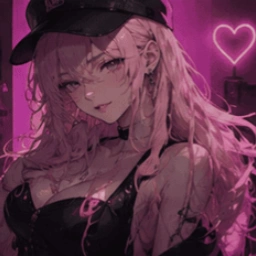 Portrait of Mira Sol, a pink-toned AI girlfriend with playful cap-and-hoodie campus-crush vibes.